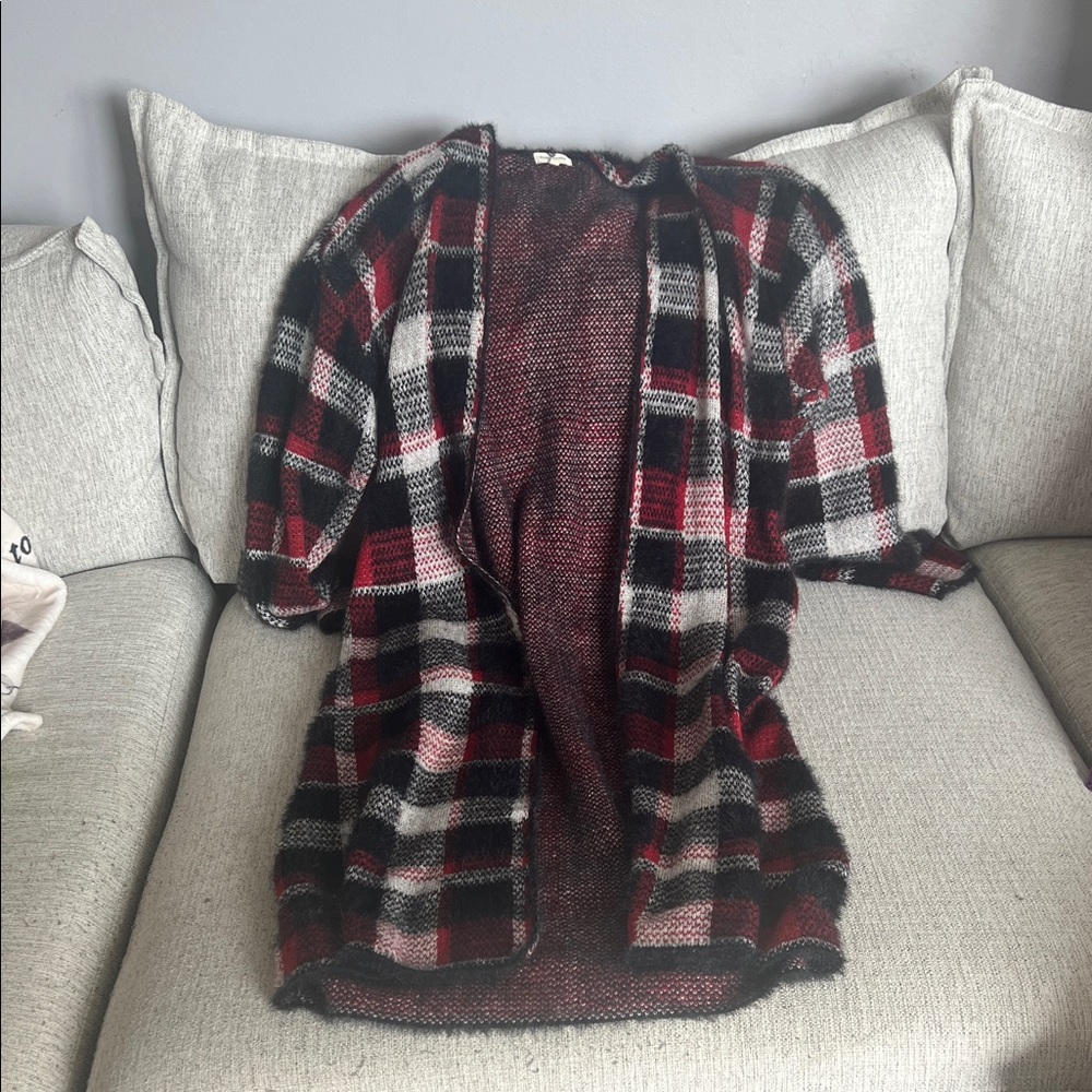 Cozy Plaid Open-Front Cardigan - Black and Red
